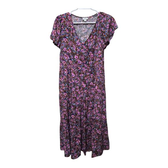 J.Crew Floral Tiered Midi Dress Size 10 Brown Pink Purple V-Neck - Picture 1 of 9